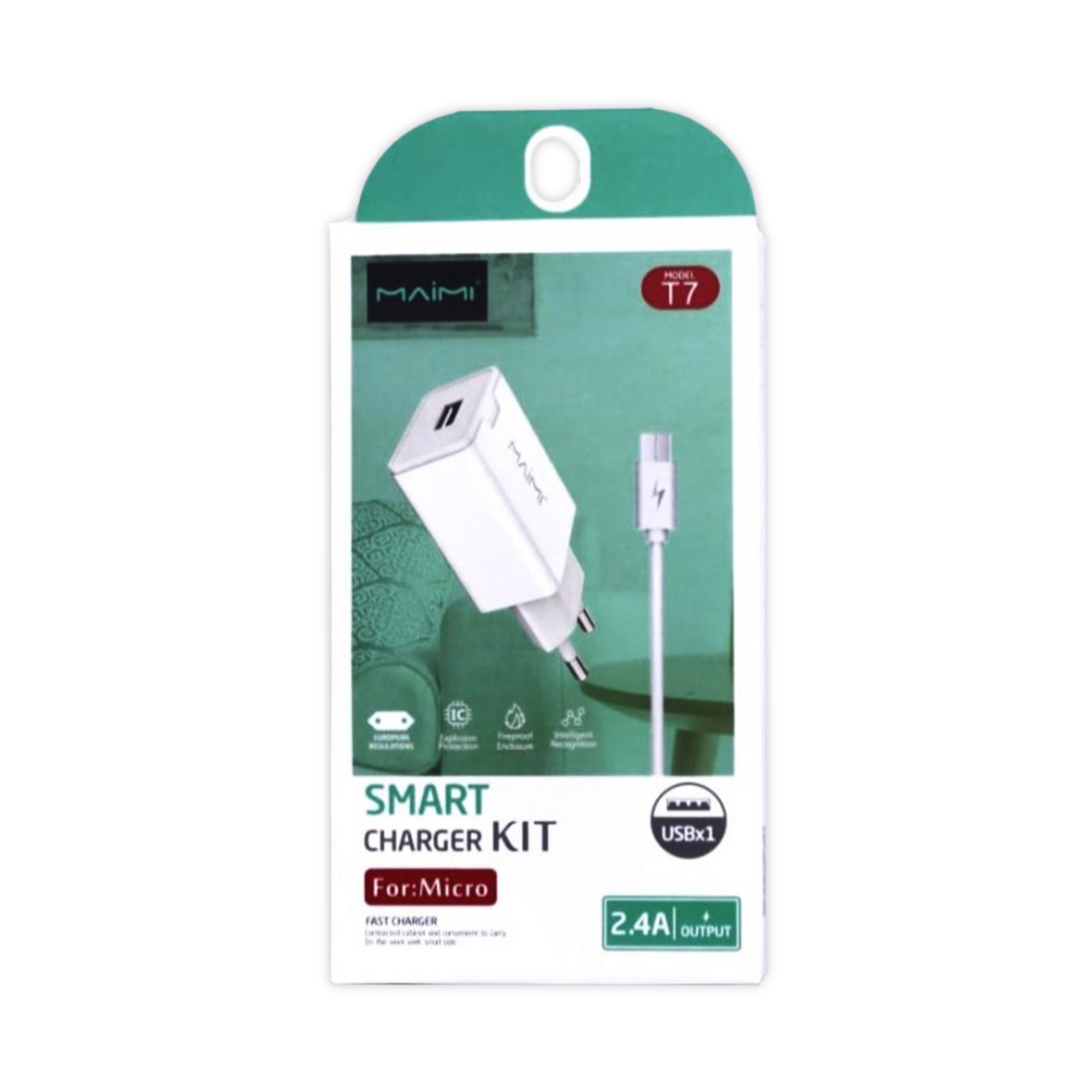 SMARTCHARGER KIT MAIMI-T7 KIT-MICRO-2.4A-SINGLE USB-KABEL DATA 1M-WHITE-ORIGINAL
